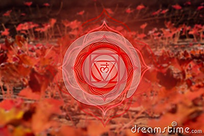 Muladhara chakra symbol on bright orange natural background. Stock Photo